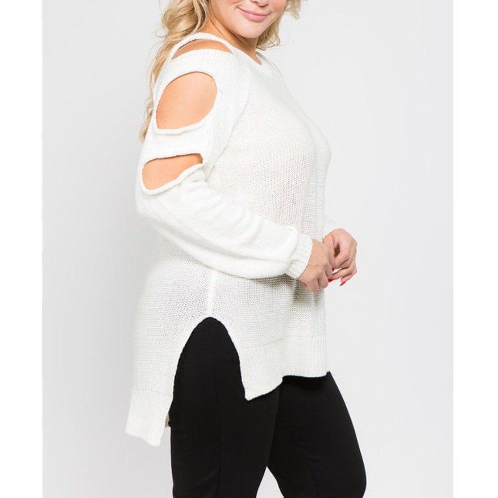 Plus Ivory Cut Out Cold Shoulder Sweater Tunic Top - Picture 4 of 6